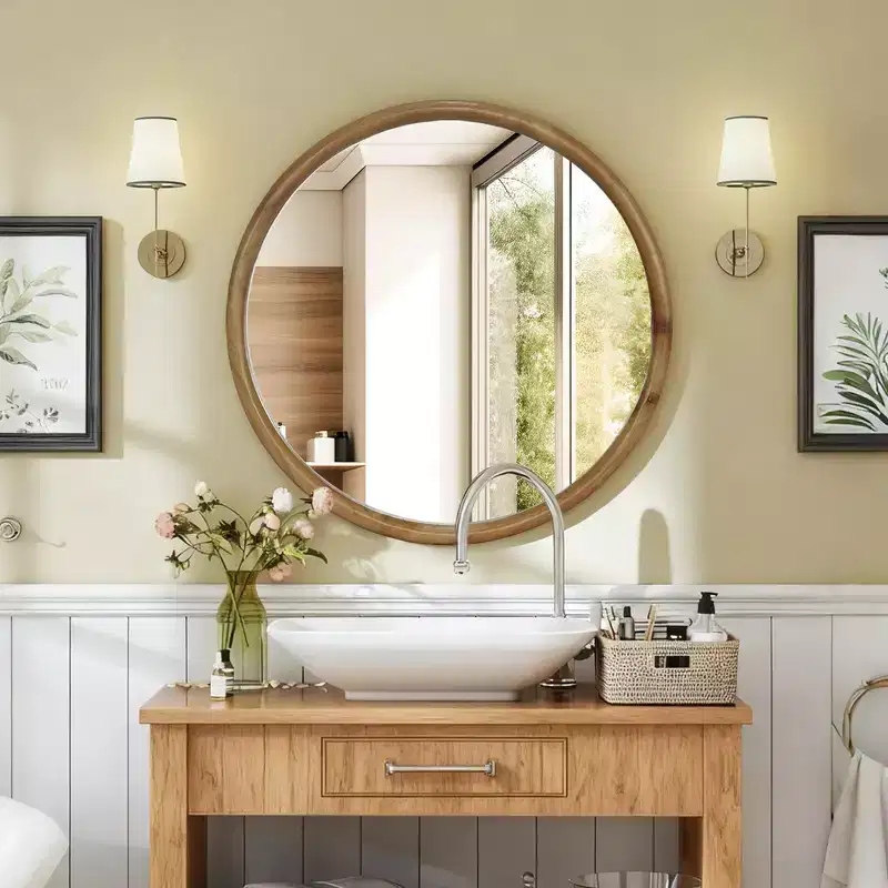 Whisen Natural Wood Round Decorative Wall Mirror, Mid-Century Modern Rustic Wall Mirror for Bathroom Entryway - Natural Wood