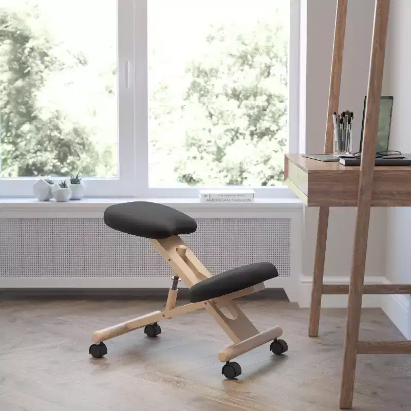 Emma and Oliver Mobile Wooden Ergonomic Kneeling Office Chair in Black Fabric