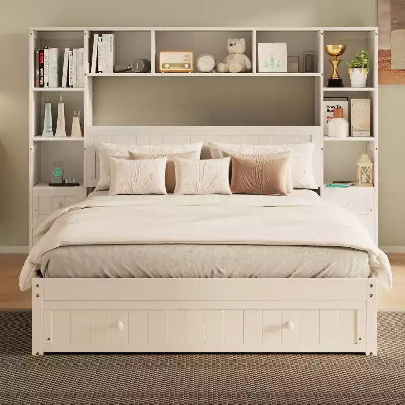 Queen Size Pine Wood Platform Bed with Nightstands and Bookcase Cabinet