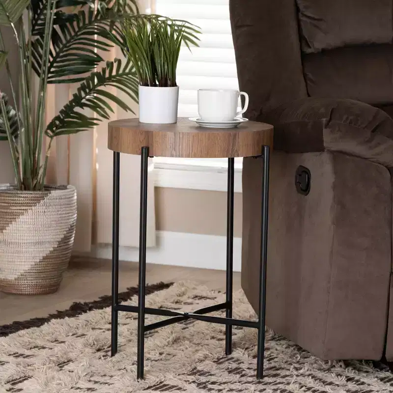 Modern Industrial Round End Table, Walnut Brown MDF Top & Black Metal Frame – 15.7