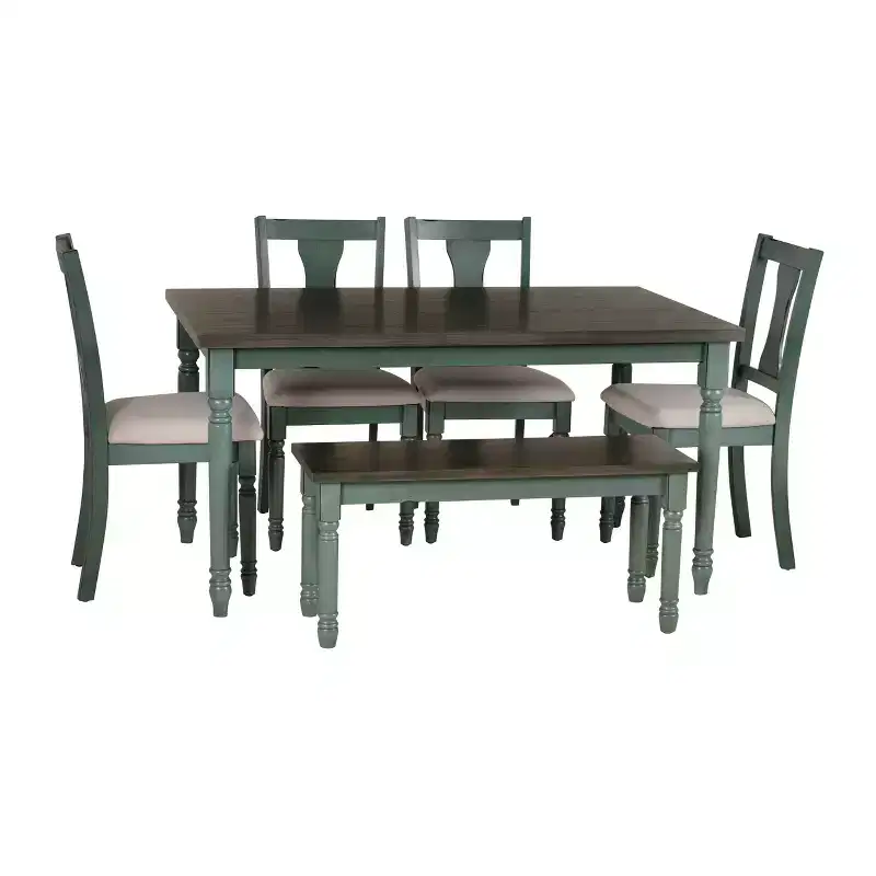 6pc Reagan Upholstered Chairs & Bench Dining Set Teal - Powell: Rustic Mid-Century, Turned Legs, Padded Seat, Rubberwood