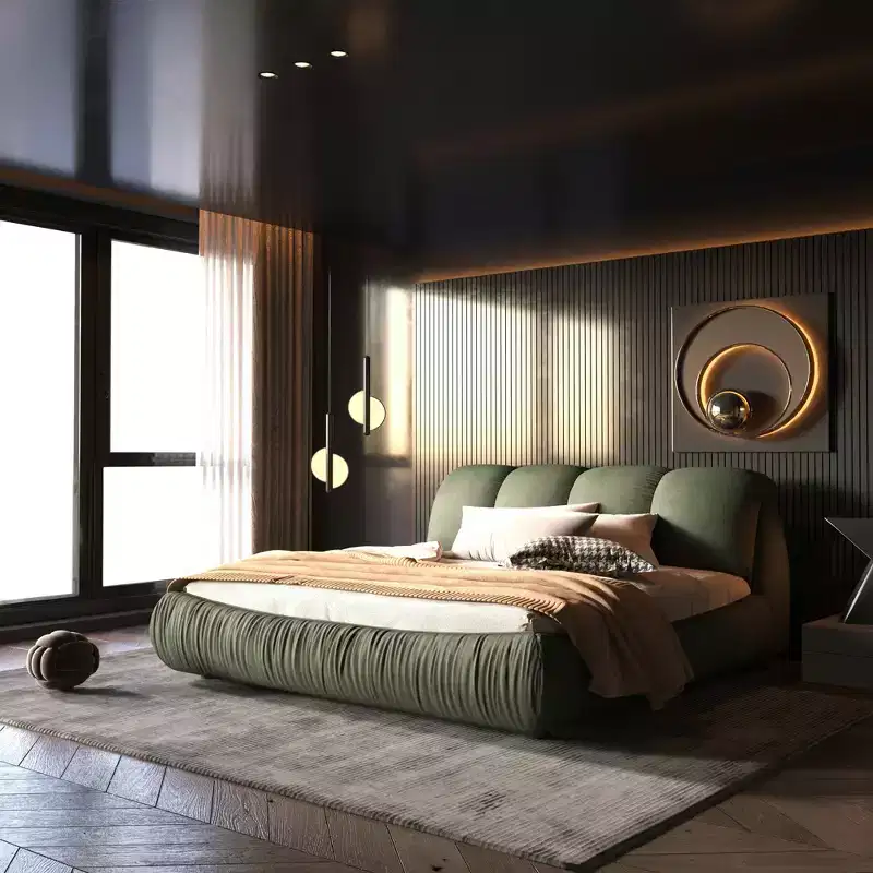 MAYEERTY Queen Size Luxury Upholstered Platform Bed with Oversized Padded Backrset and Solid Wood Frame Green