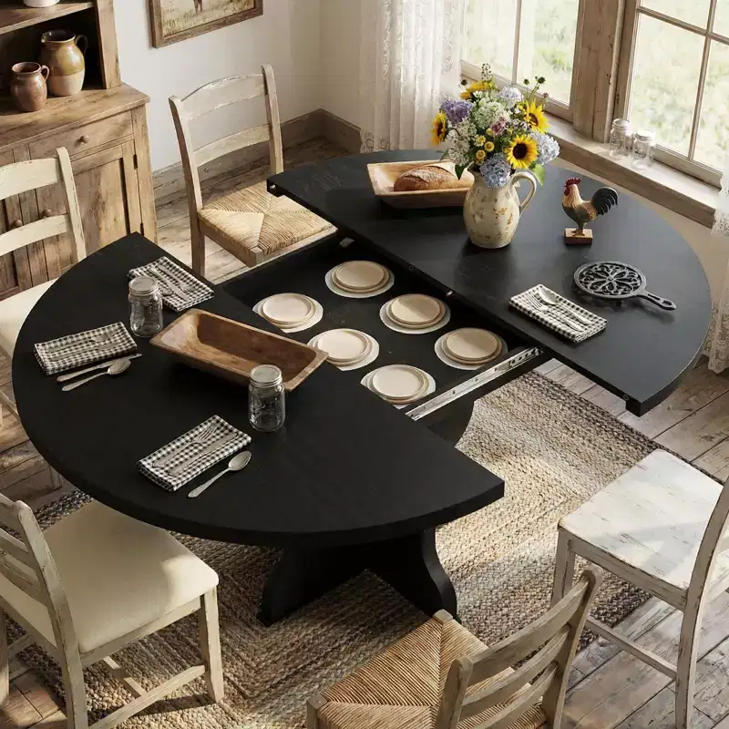 Extendable Oval Dining Table 47-63 Inch, Seats 4-8, Wood Top Metal Frame, Farmhouse