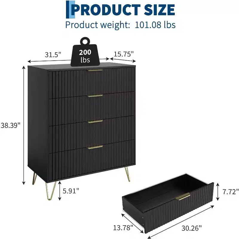 32 Fluted 4-Drawer Dresser - Modern Wooden Chest with Metal Handles, Storage Organizer & TV Stand for Bedroom, Living Room & Hallway.