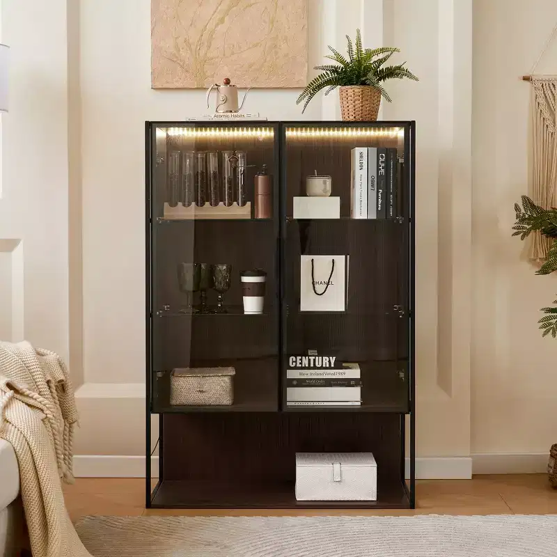51.25'' Tall LED Lighted Display Cabinet with Tempered Glass Door, Modern Metal Frame Curio Bookshelf for Living Room, Office/Study, Black-ModernLuxe