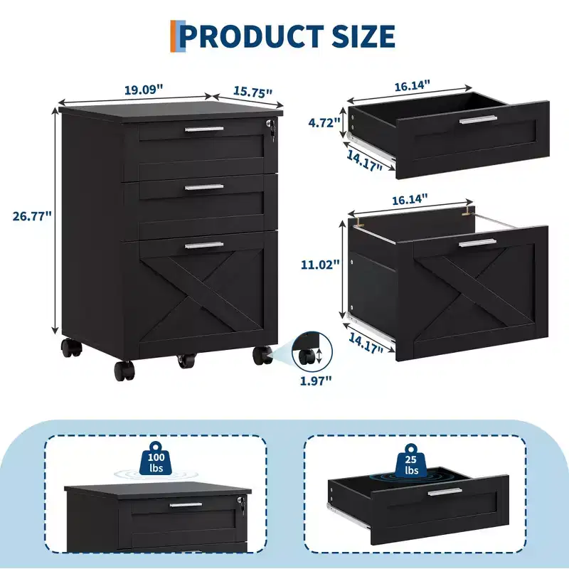 3-Drawer Mobile File Cabinet with Lock & Wheels, Under Desk Office Storage for Letter, A4, Legal
