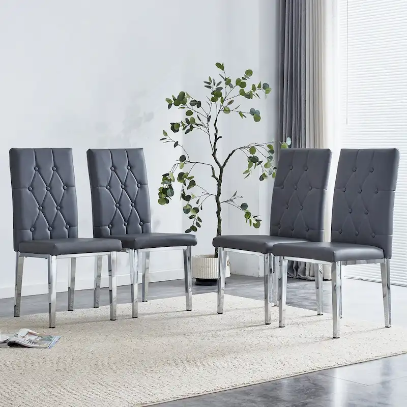 High Back Dining Chair Set of 4 Button Plaid Tufted Soft Cushion Side Chair Living Room Accent Chair Armless Chair