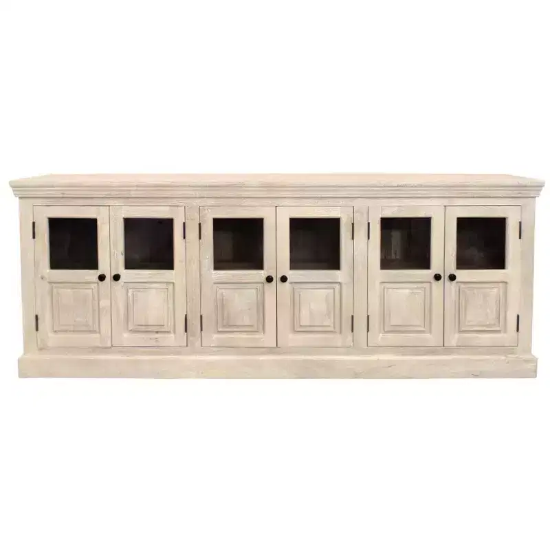 HomeRoots 93 Antiqued White Distressed Solid Wood Sideboard with Six Glass Doors