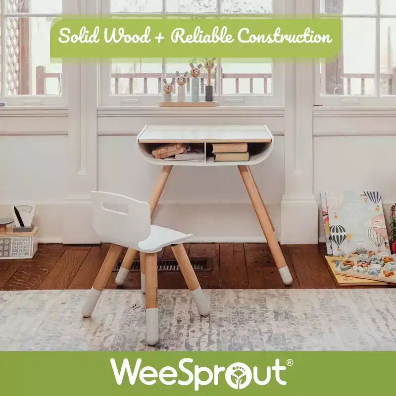 WeeSprout Toddler Desk & Chair Set, Sturdy Solid Wood Legs + Desk Surface, Adjustable Height