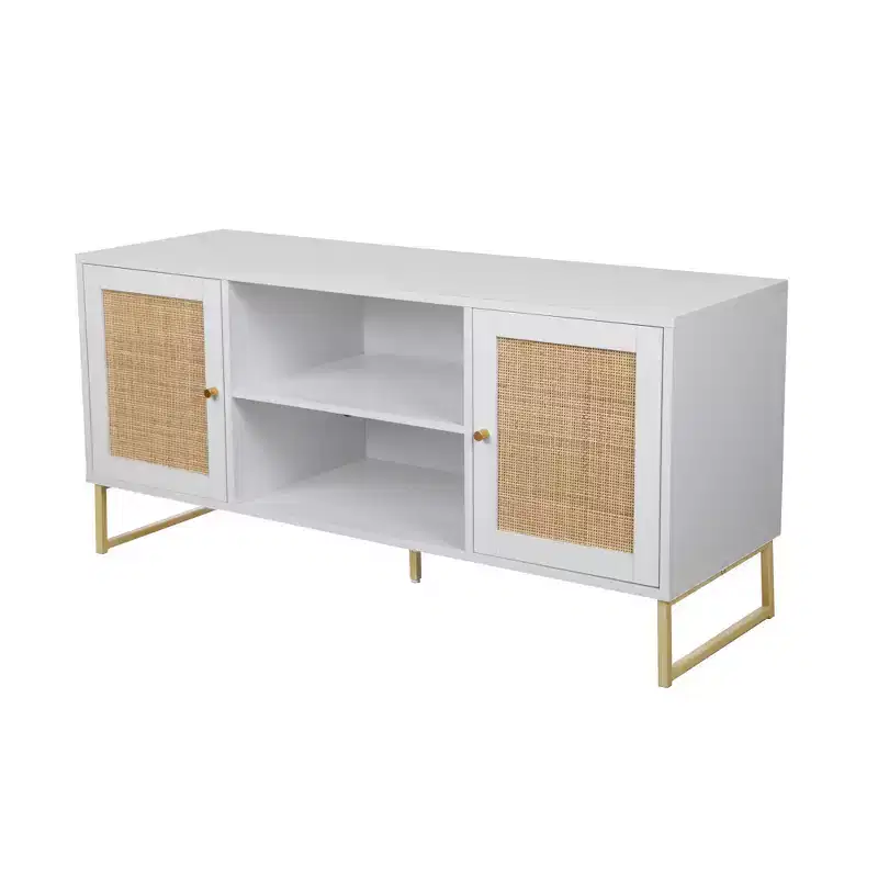 47 Mina Rattan and Wood 2 Door TV Cabinet for TVs up to 59 White/Gold - Nathan James: Boho-Chic Entertainment Center