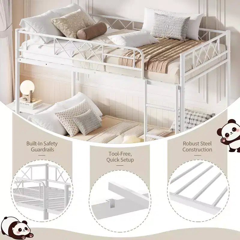Bunk Bed Twin Over Twin with Extra High Guardrail, Heavy Duty Metal Frame & Sturdy Slats, No Box Spring Needed