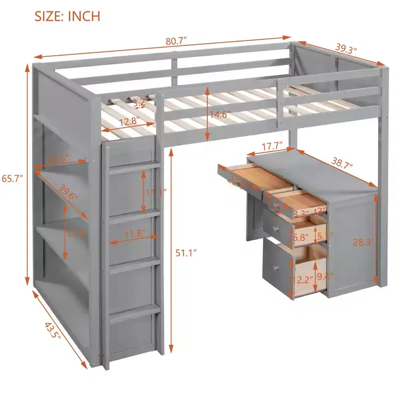 Loft Bed with Desk and 4 Storage Drawers & 3 Shelves, High Loft Bedwith L-Shaped Desk for Kids Teens Adults