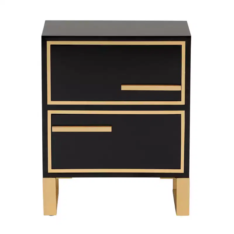 Giolla Wood and Metal 2 Drawer End Table Black/Gold - Baxton Studio: Sleek Side Table with Storage, Modern Design