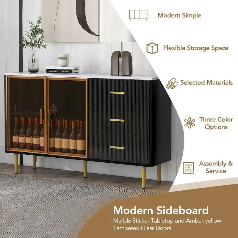 Modern Sideboard with Metal Legs and Handles - 60W x 16D x 36H