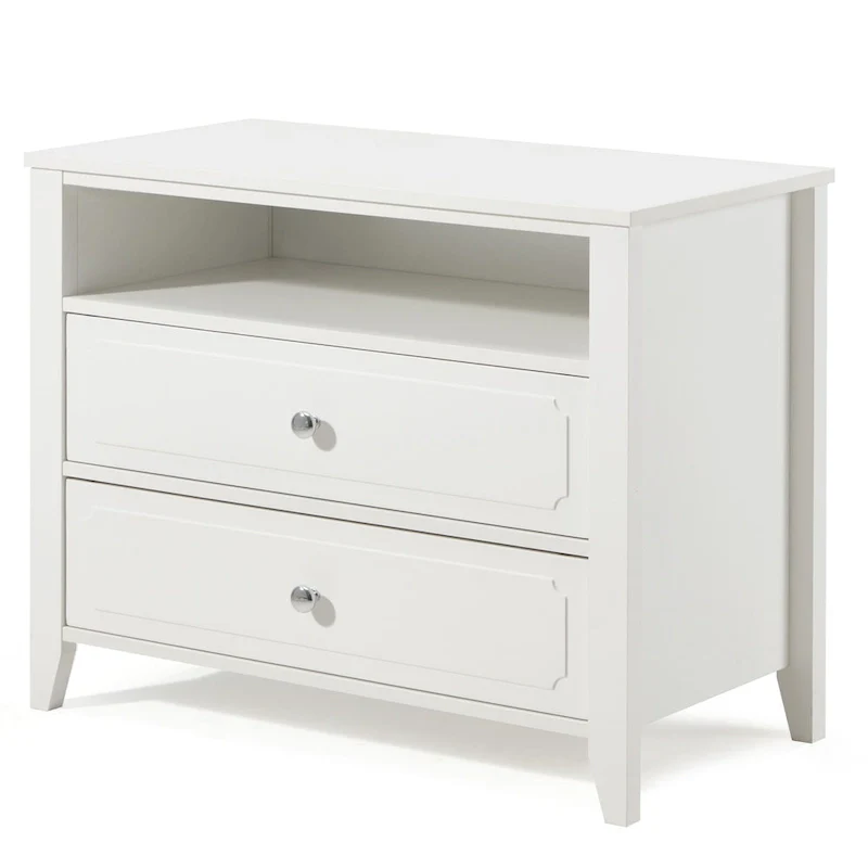 Modern Wide Nightstand with 2 Drawers and Open Storage, Bedroom Bedside Table with Solid Wood Legs