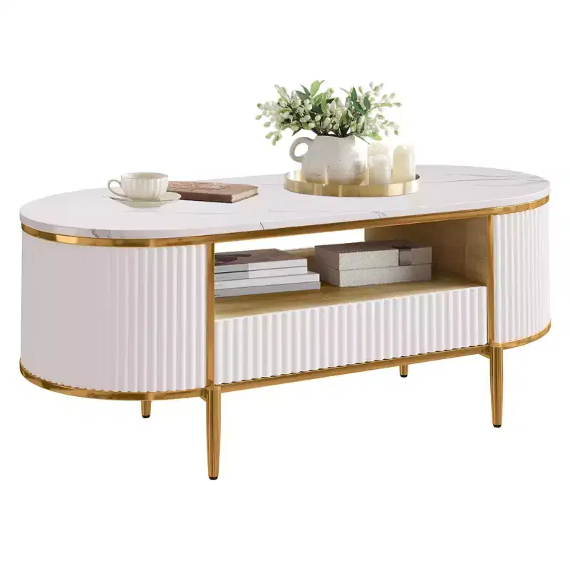 Modern Luxury Fluted Coffee Table, 48 Coffee Table with Storage Drawer, Oval Coffee Table with Golden Legs, Faux Marble Top