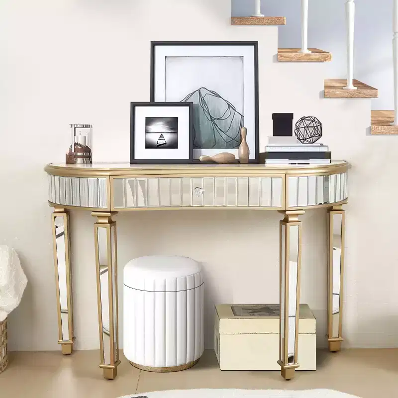47 Mirrored Console Table with 2 Drawers, Fluted Glass Half Moon Entryway Table with Crystal Knob, Makeup Vanity for Bedroom, Living Room