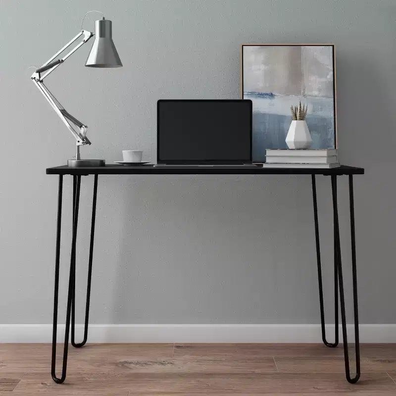 Modern Industrial Desk with Hairpin Legs Woodgrain-Look and Steel Accent