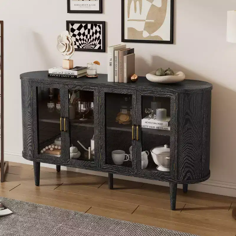 Sideboard Storage Cabinst Wood with Glass Doors Adjustable Shelves for Living Room Kitchen Black