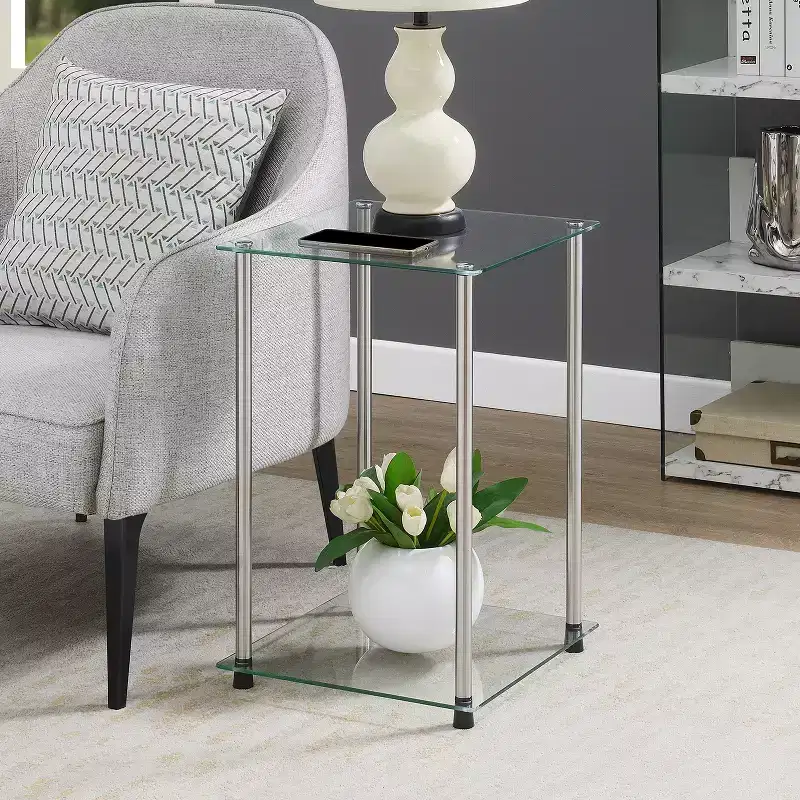 Belmont Glass 2 Tier Square End Table, Modern Accent Side Table with Tempered Glass Shelves and Stainless Steel Frame
