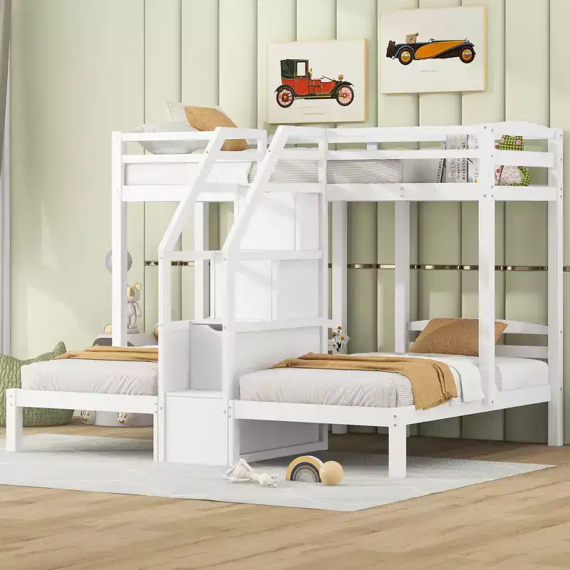 Twin over Twin & Twin Bunk Bed with Built-in Staircase and Storage Drawer - White