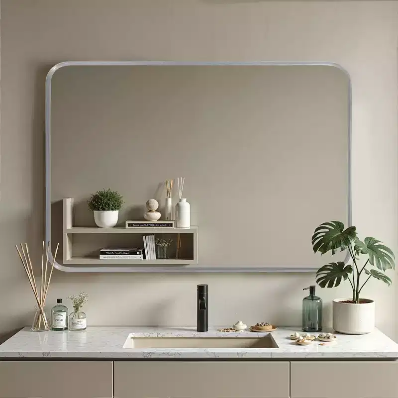 Rectangular Metal Frame Wall Mirror, 50 x 32 Inches, Silver
