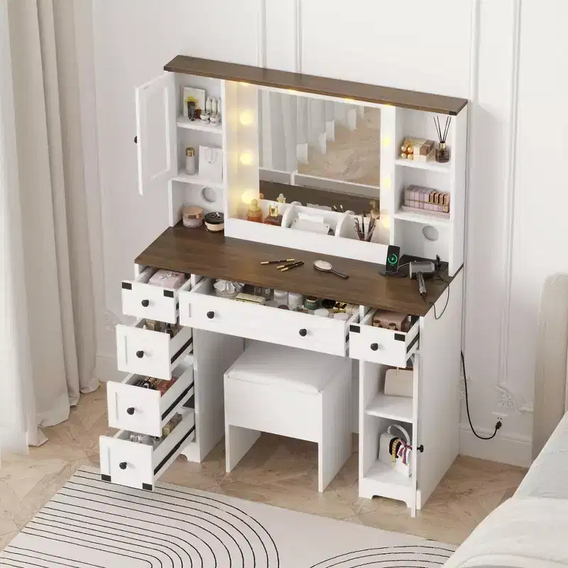 Makeup Vanity and Stool, Vanity Desk with Lights, White Vanity Table with Charging Station, 6 Drawers and Cabinets
