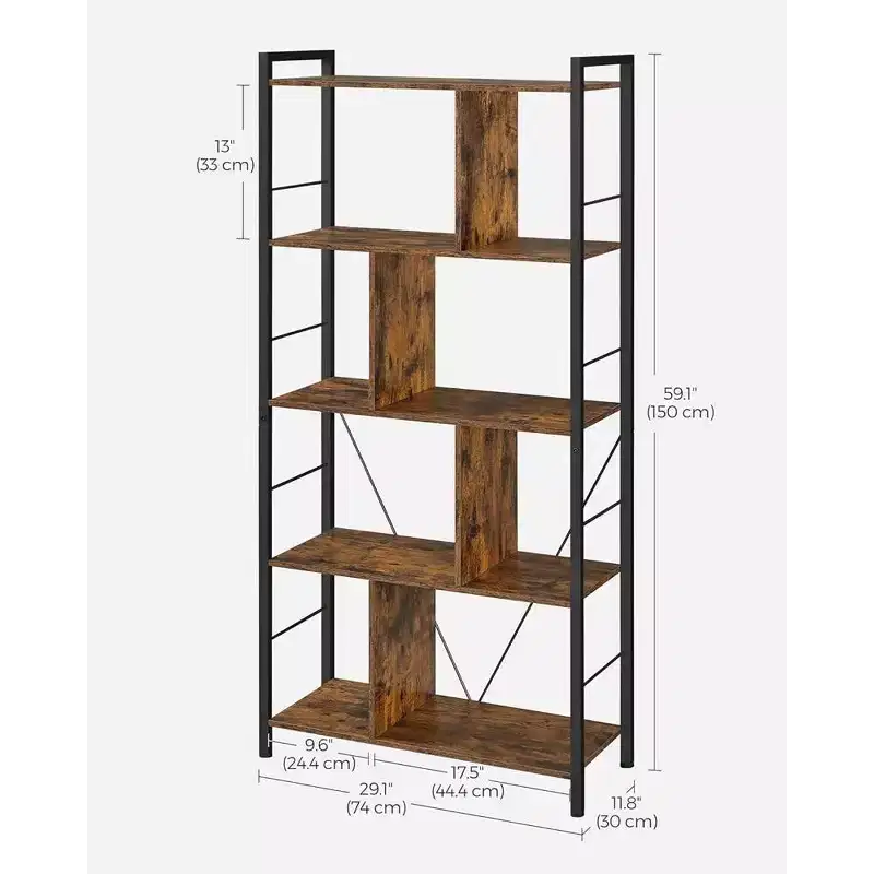 VASAGLE Bookshelf, 5-Tier Bookcase, Display Shelf with Open Compartments, 11.8 D x 29.1 W x 59.1 H, Rustic Brown and Black