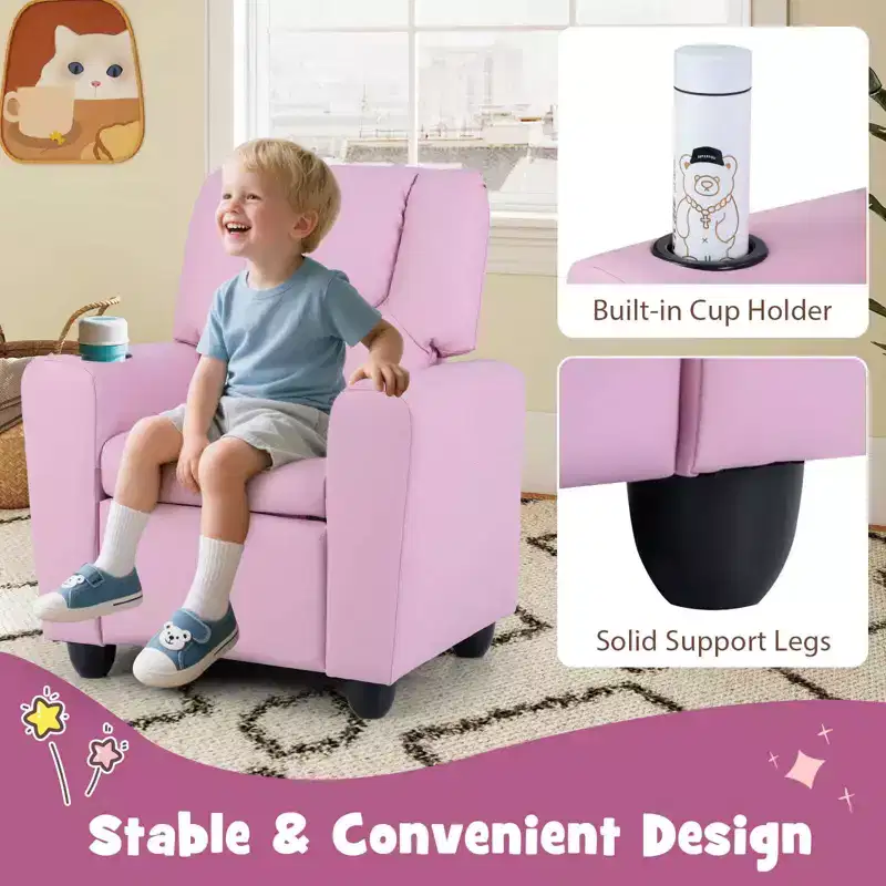 Costway Kids Recliner Armchair Children's Furniture Sofa Seat Couch Chair w/Cup Holder Pink