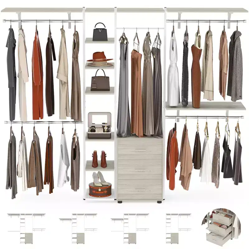 Closet Organizer System with Tower Shelving, Heavy-duty Clothing Rack with Wood Drawers