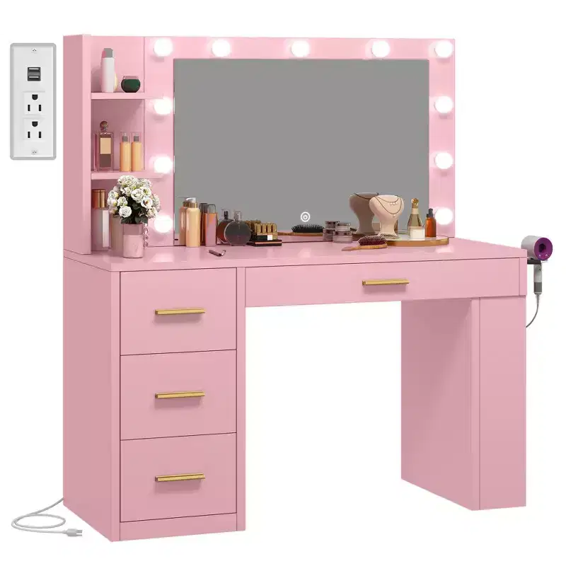 Pink Vanity Desk With Large Lighted Mirror 11 Lights Makeup Vanity Table With 4 Drawers & 3 Storage Shelves