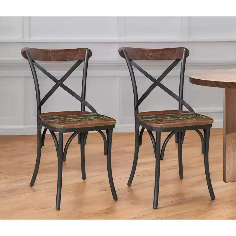 HomeRoots Set of Two Brown And Black Metal And Wood Cross Back Dining Side Chairs