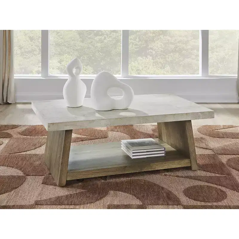 Coffee Table - Light Brown Wood with Faux Cement Top, Rolling Casters, Bottom Shelf Storage