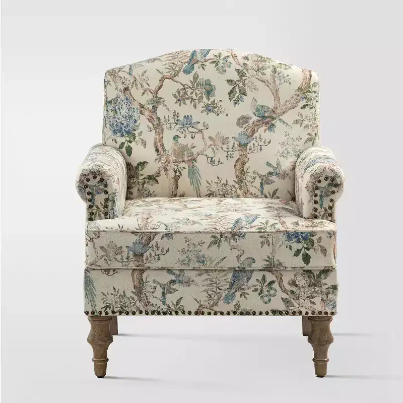 Transitional Upholstered Floral Armchair with Camelback & Wood Legs