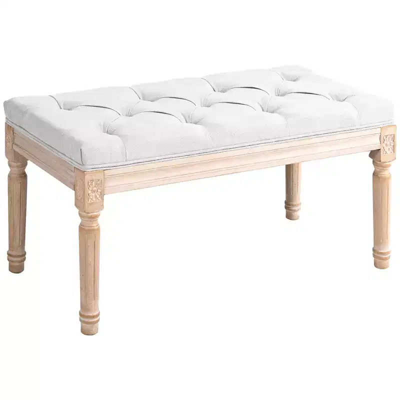 French Vintage End of Bed Bench, Linen Upholstered Bench with Thick Padded Seat and Wood Legs, Tufted Bedroom Bench