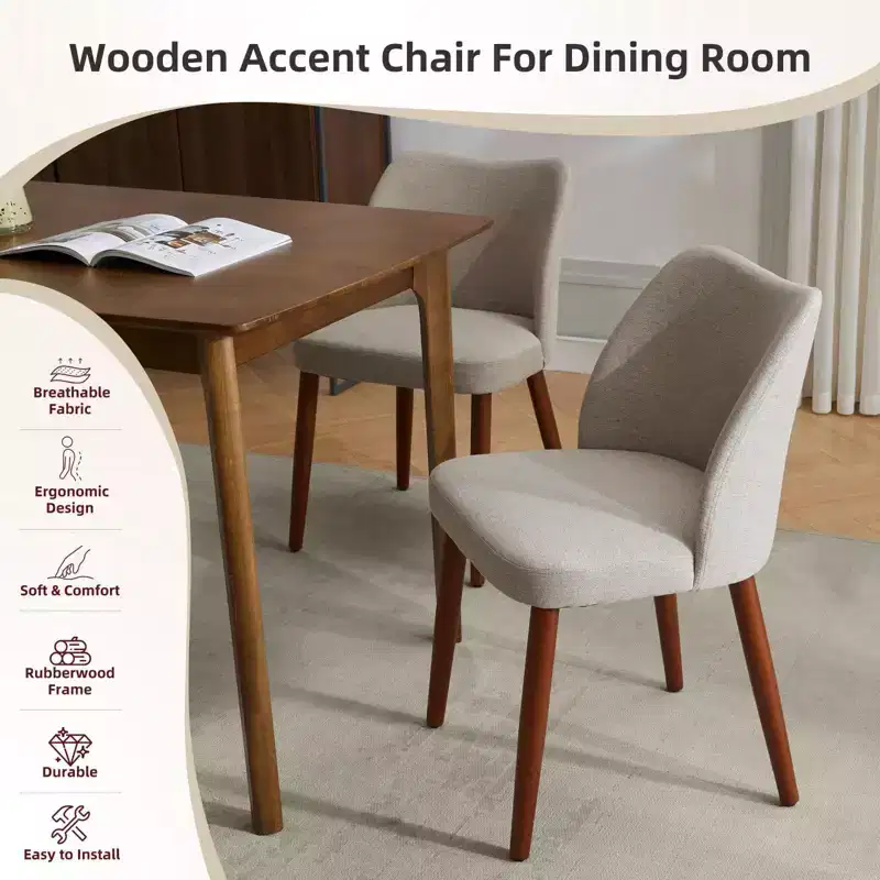 Set of 2 Modern Linen Upholstered Dining Chairs with Wing Backrest and Wood Legs, Comfortable Accent Seating for Dining Room, Kitchen, Living Room