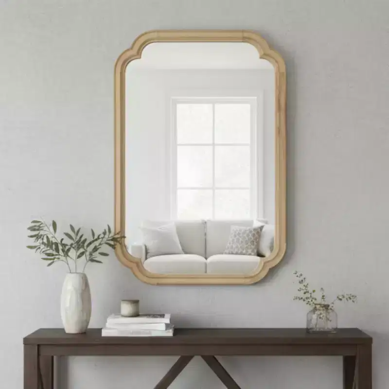 24 x 36 inch Natural Wood Color Solid Wood Frame Rounded Corner Wall Decorative Mirror for Bedroom Entryway and Living Room