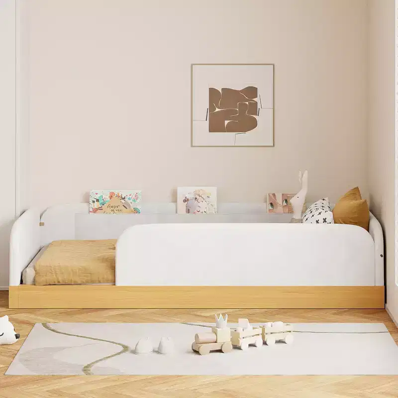 Twin Size Upholstered Platform Bed Frame with Velvet Guardrails & 3 Built-In Storage Bags, Natural