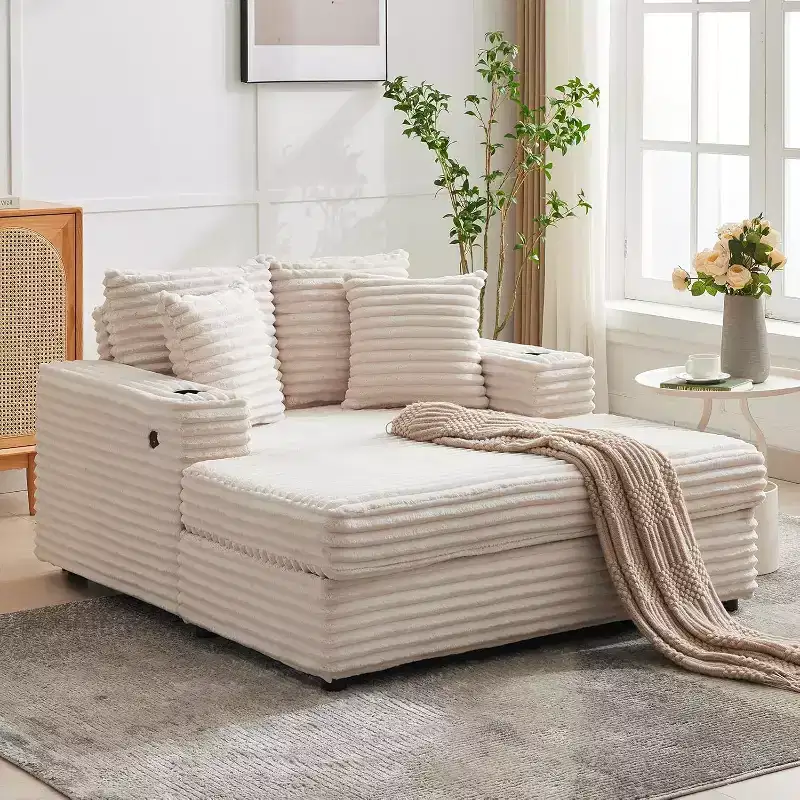 Modern 60 Indoor Corduroy Chaise Lounge w/ USB Ports & Cup Holders, Reclining Sofa Couch w/ Throw Pillows for Living Room, Apartment & Office