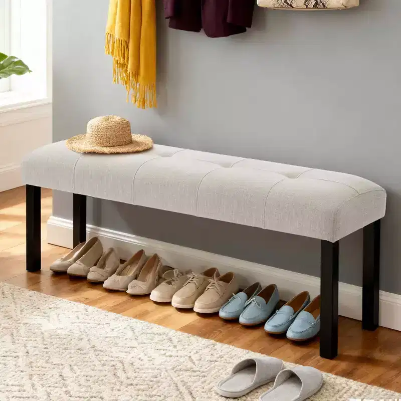 Modern Tufted Linen Dining Bench, Black Rubber Wood Legs