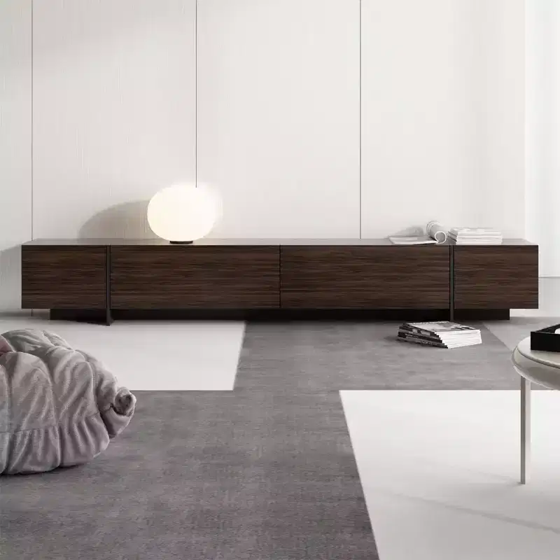 Famapy Brown Long TV Cabinet Woodgrain Finish 4 Drawers Storage