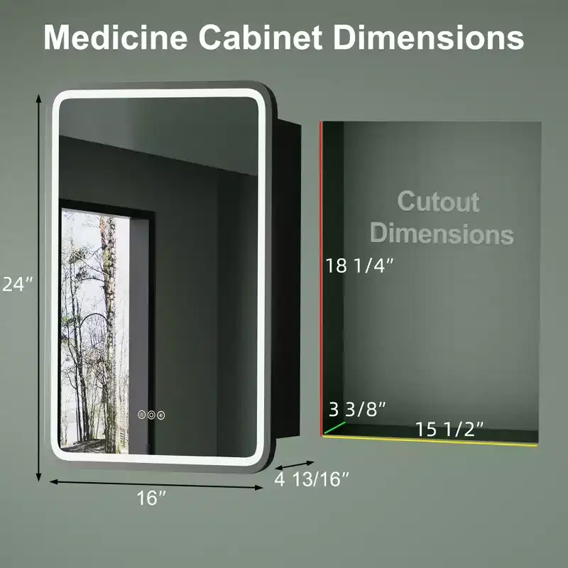 Black / White / Gold LED Medicine Cabinet, Single Door, Left or Right Hinge, Recessed or Wall-Mounted