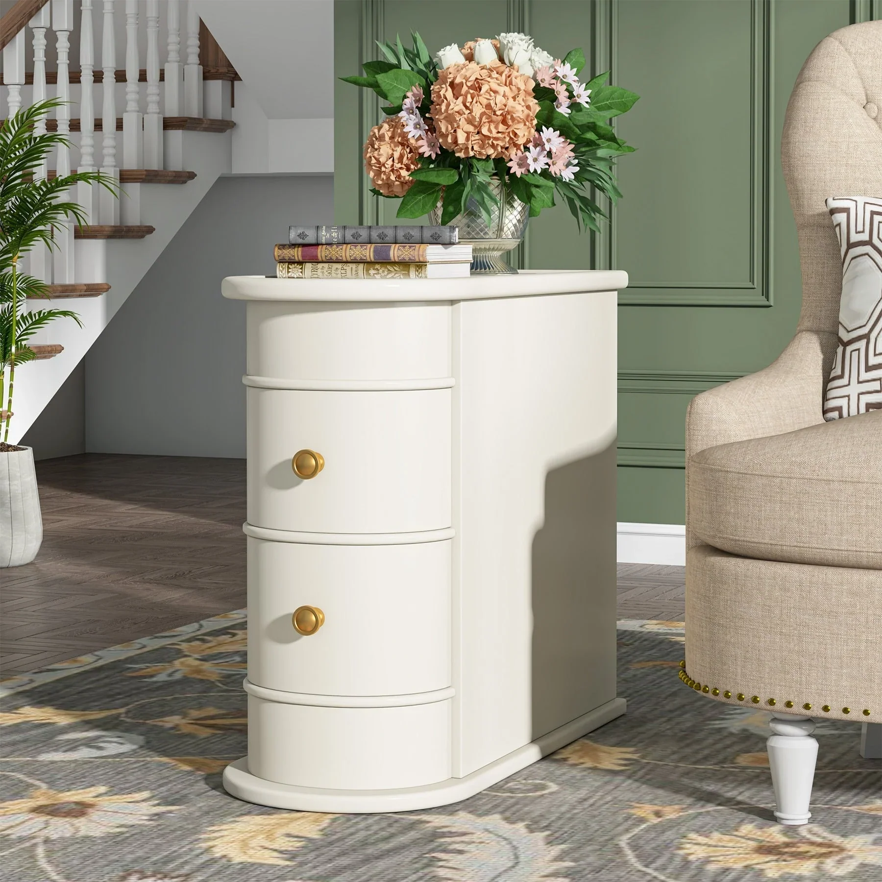 Solid Wood Chairside End Table, Two-Drawer Narrow Side Table Slim