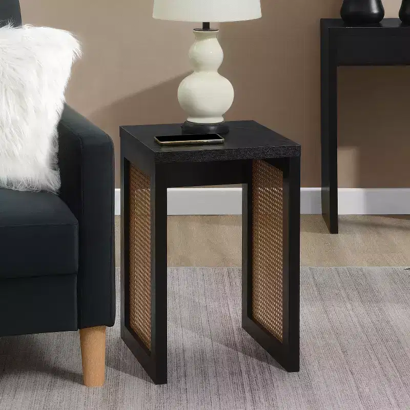 Square End Table with Woven Rattan Panel Sides and Modern Boho Design for Living Room or Bedroom