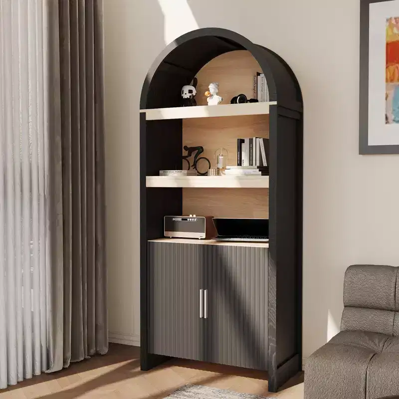 71 Inch Tall Bookcase Arched Cabinet, Modern 5 Tier Bookshelf, with Fluted Doors & Open Display Shelves, for Office Dining Living Room