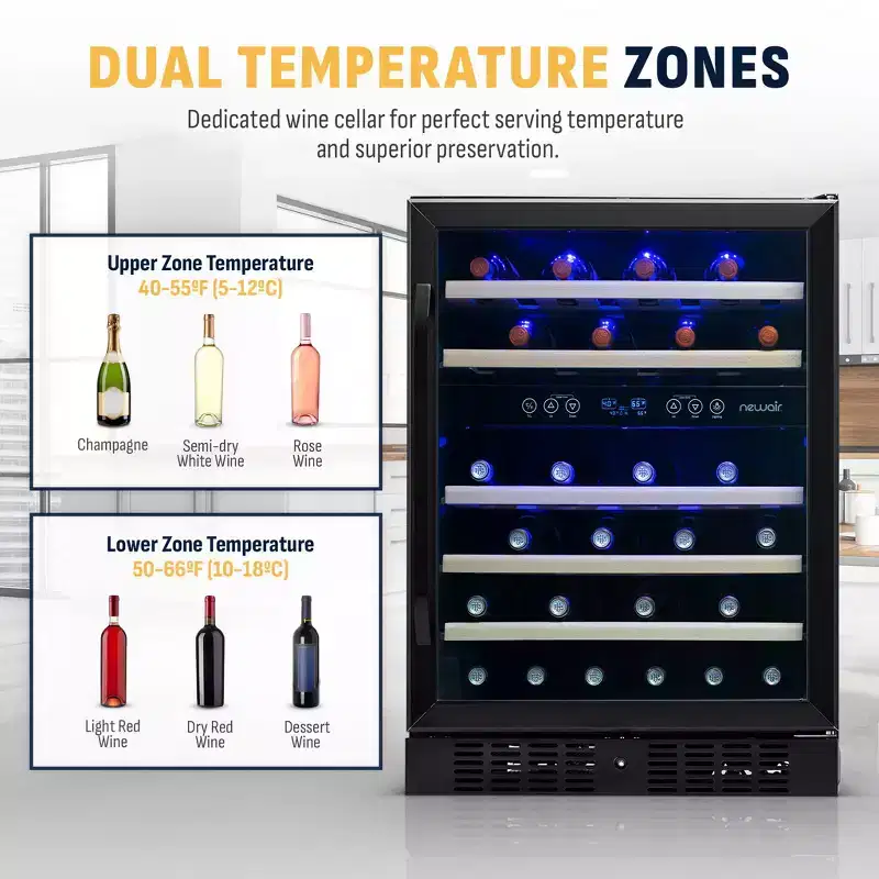 Newair 46-Bottle 23.5 Black Stainless Steel Built-In Dual Zone Wine Cooler