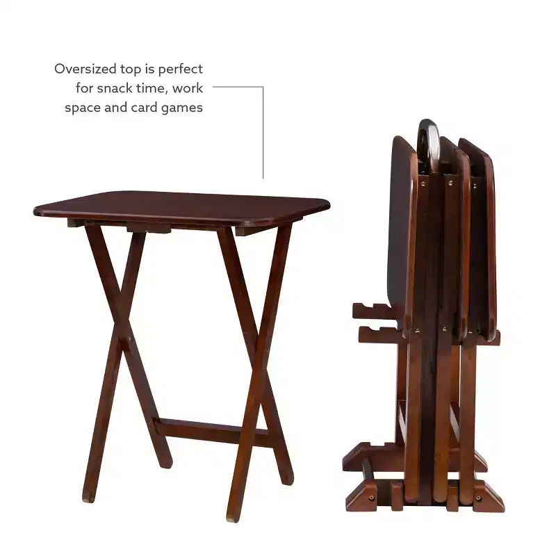 5pc Grant Folding TV Snack Tray Tables Dark Cherry/Chrome - Powell: Set of 4 with Stand, MDF Wood Finish