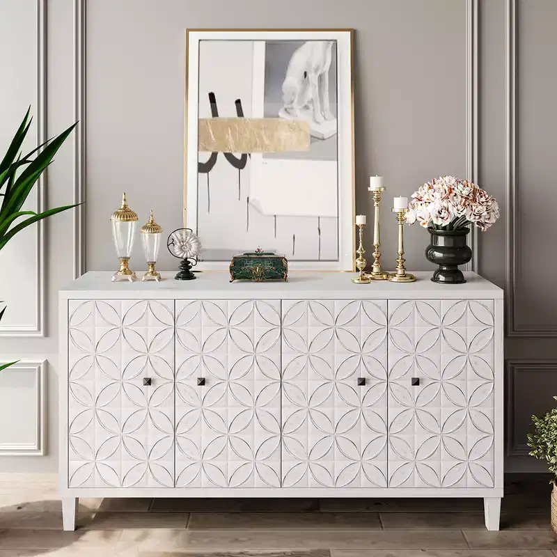 Modern Wooden Sideboard with 4 Doors, Buffet Server Cabinet with Adjustable Shelves & Square Handles for Living Room Dining Room