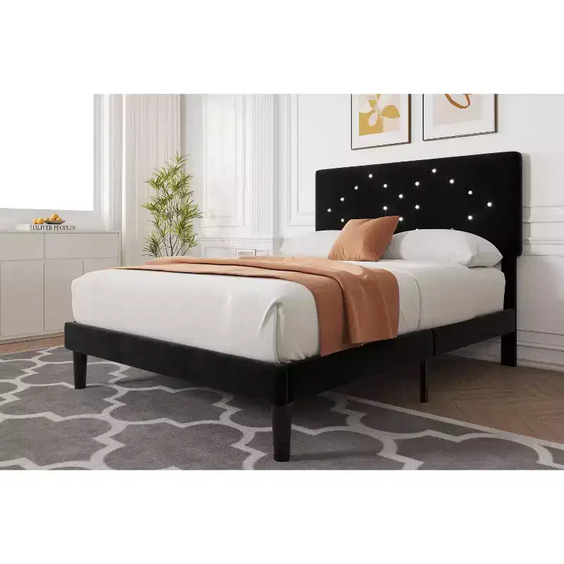 Bed Frames with Button Tufted Headboard, 2 Storage Drawers, Wooden Slat Support, No Box Spring Required, Easy Assembly