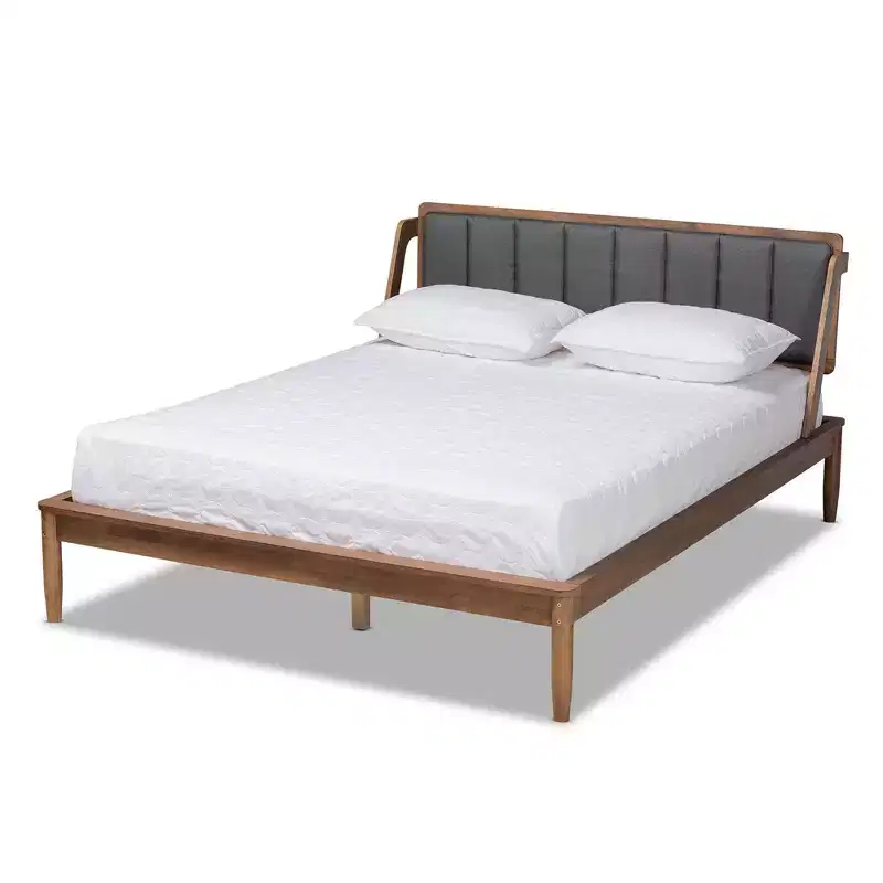 Mid-Century Modern Platform Bed Walnut/Brown/Gray